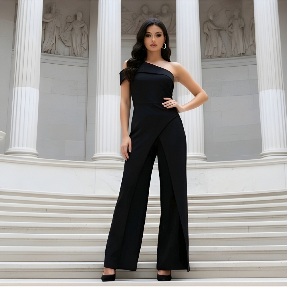 Marina Black One-Shoulder Asymmetrical Jumpsuit Size S